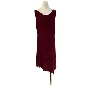 Vintage Y2K Dollar Cowl Neck Burgundy Beaded Midi Dress Asymmetrical Hem 2XL